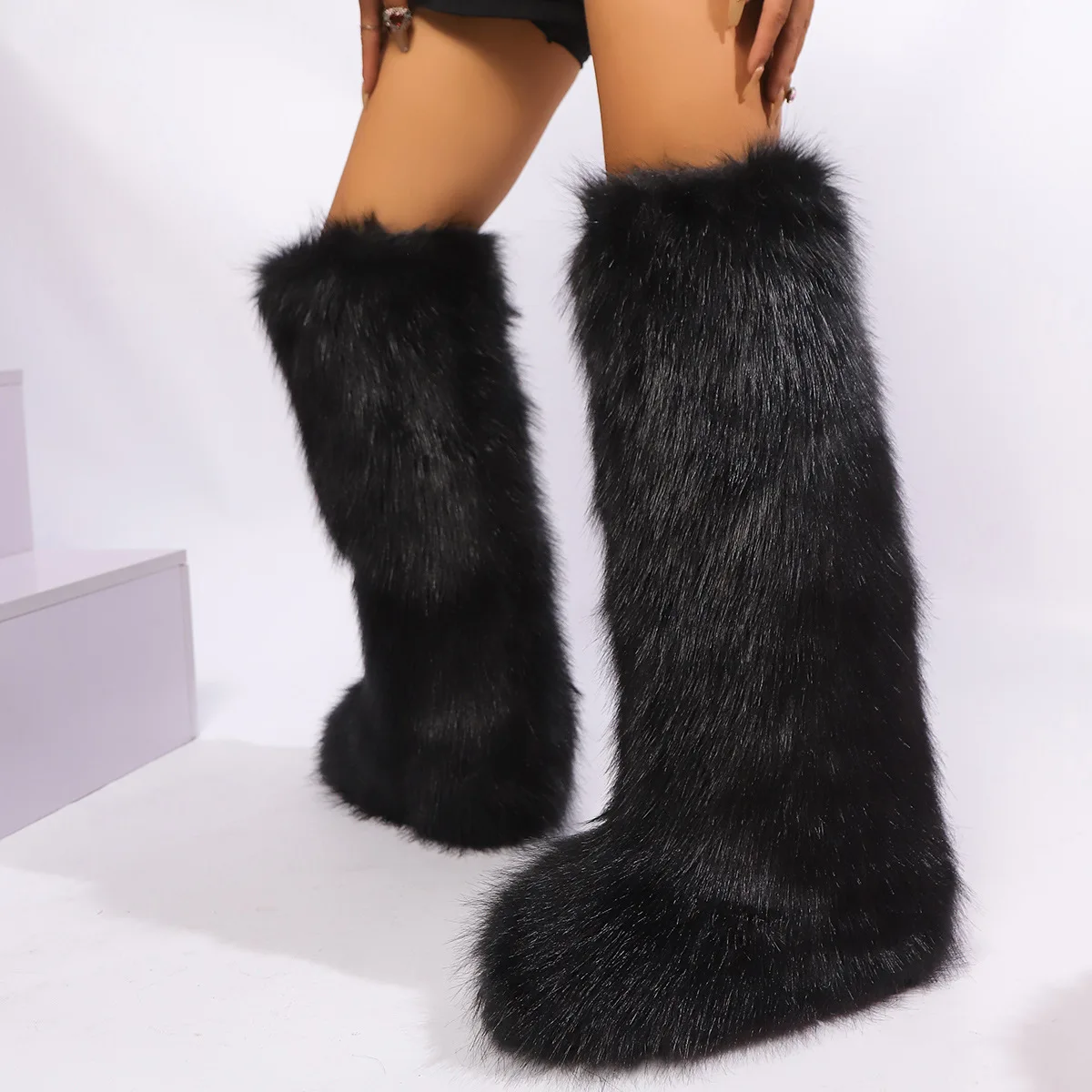 

Black Knee High Mongolian Fur Boots Winter For Women 2025 New Flat Heel Plus Size 46 Plush Furry Shoes