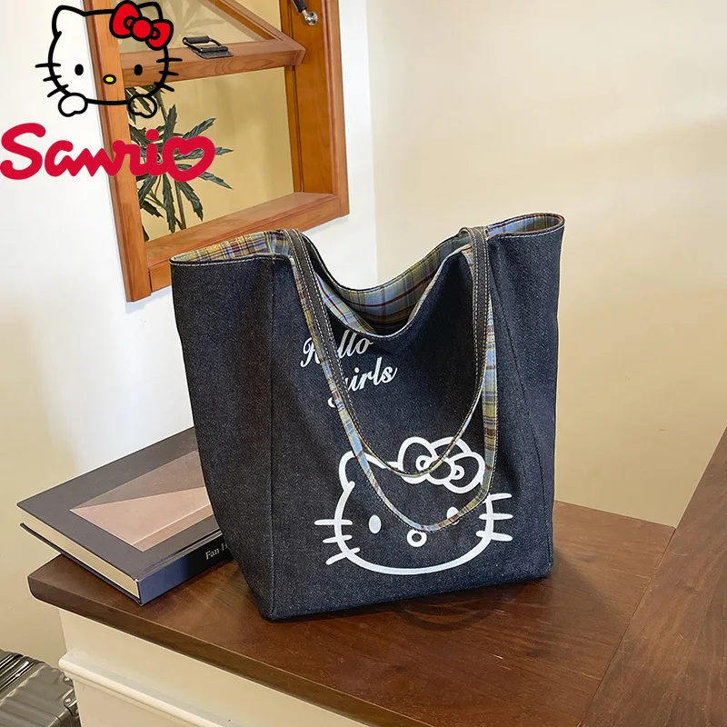 

Hello Kitty 2025 New Women's Handbag Fashion High Quality Cowboy Shoulder Bag Cartoon Double Sided Available Bucket Storage Bag