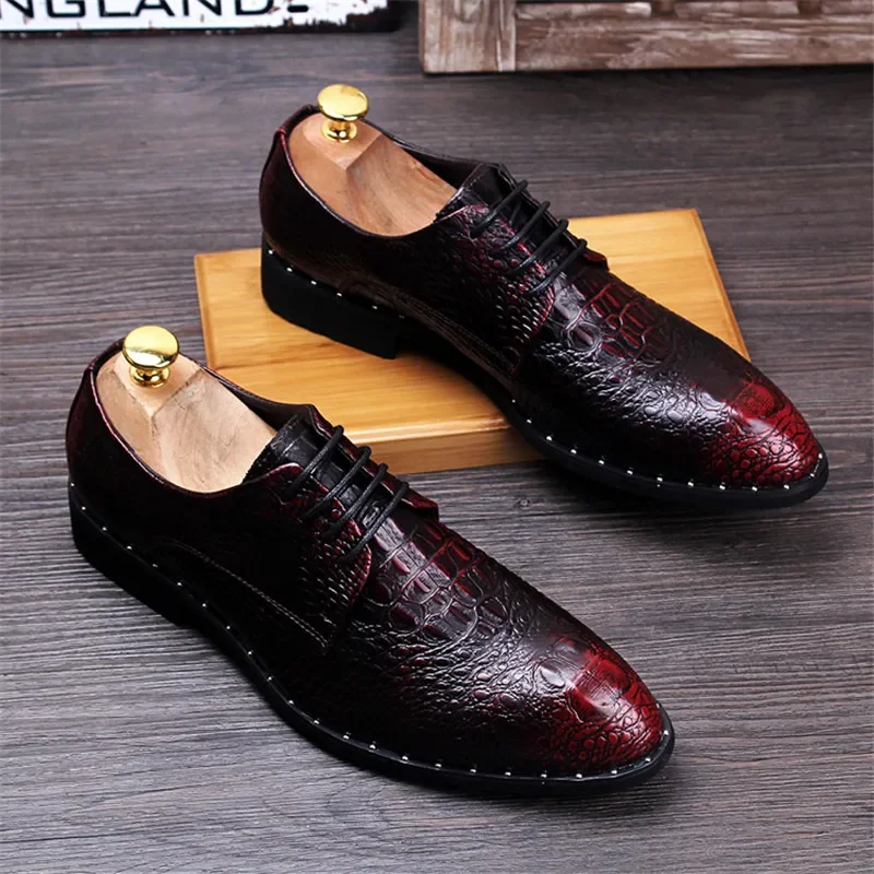 2024 Fashion Men\'s alligator Grain Leather Dress Shoes Man Casual Pointed Toe Oxfords Mens Lace-Up Business Office Oxford Shoe