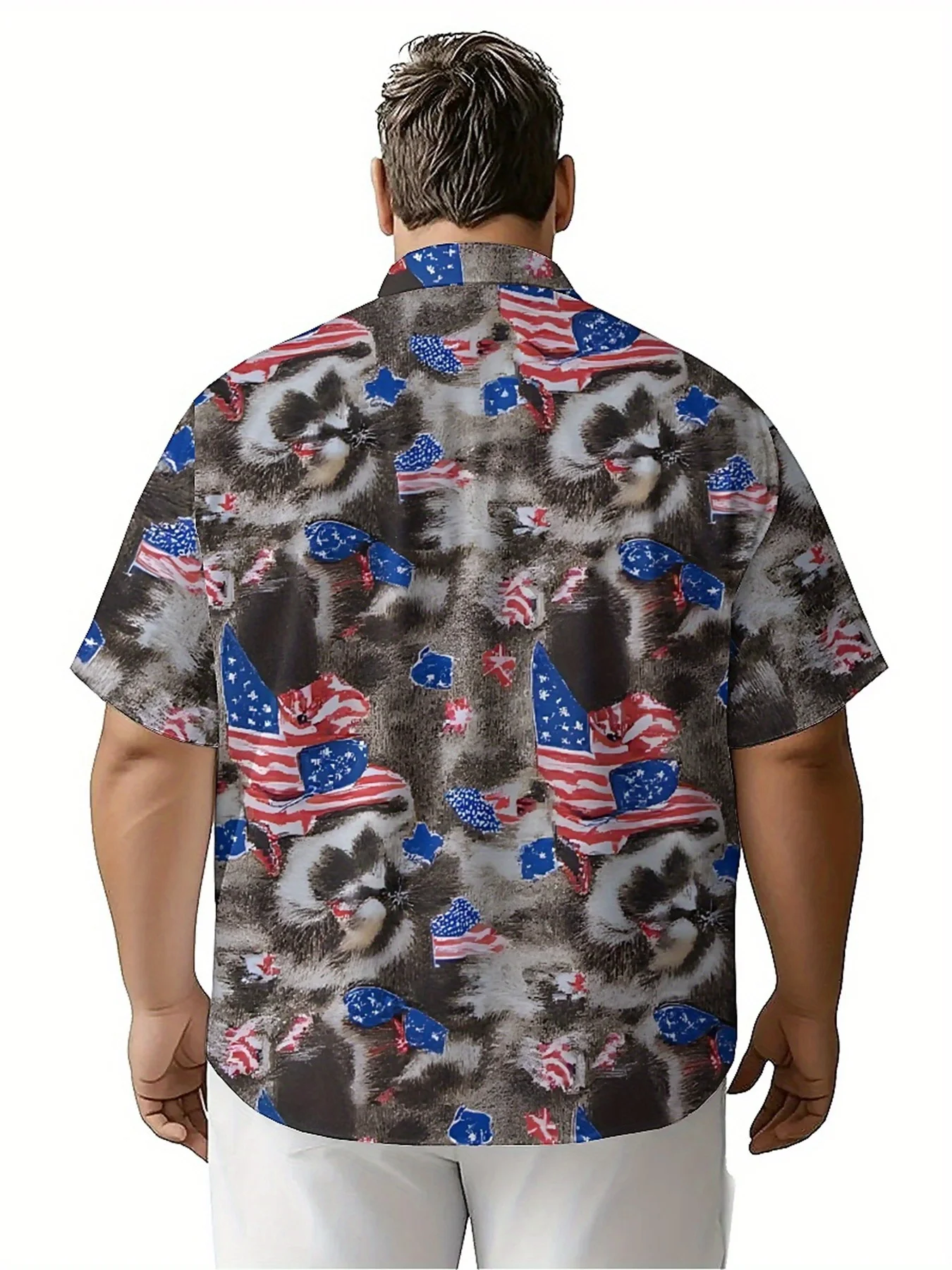 Kemeja Hawaii Ukuran Besar Pria Pola Bendera Amerika dan Rakun, Atasan Kasual Musim Panas, Cocok untuk Pesta Luar Ruangan, Pakaian Jalanan