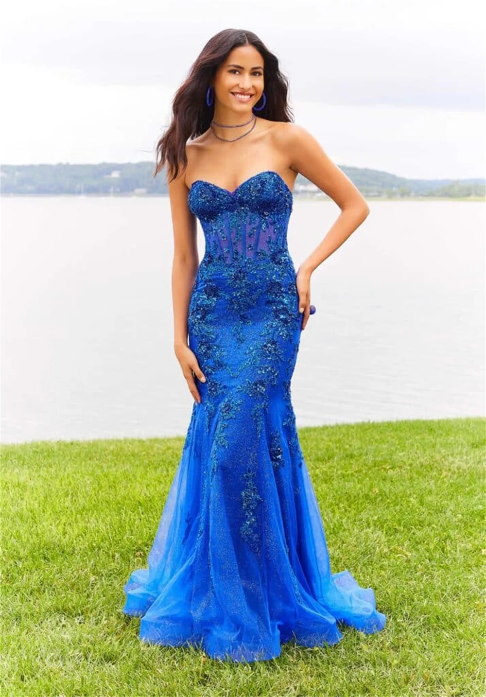 Jewel Blue Sweetheart Neck suknia bez rękawów koronkowa aplikacja zroszony przezroczysta siateczka kwiatowy eleganckie sukienki imprezowe dla kobiet 2023