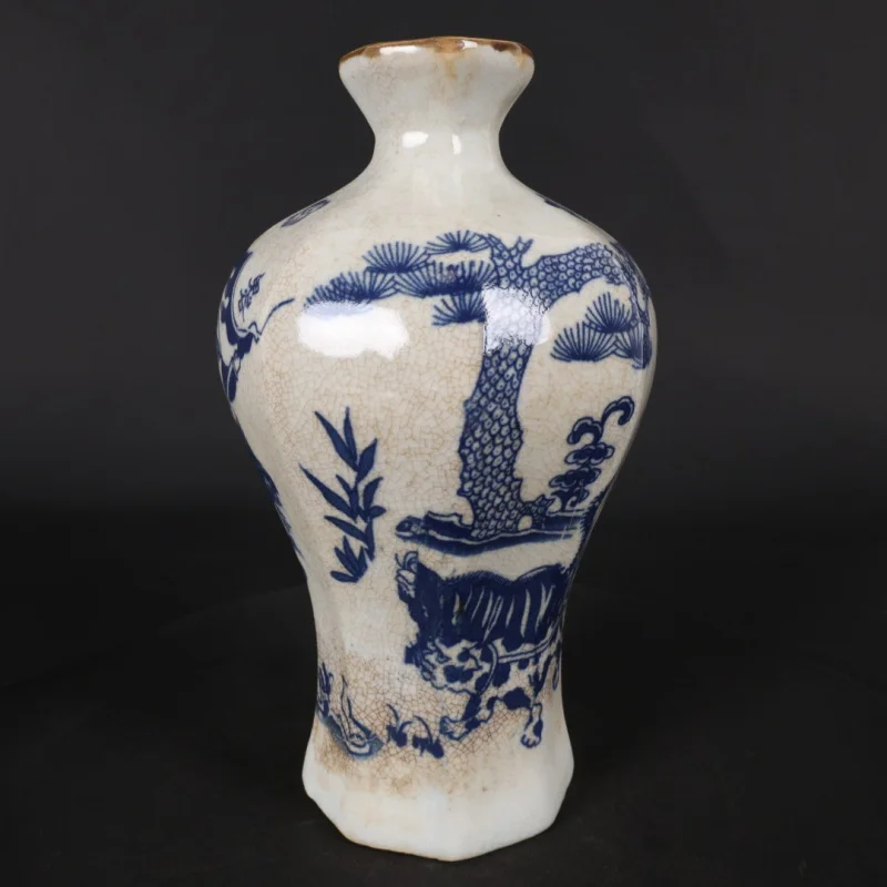 Antique Collection Blue and White Ghost Valley Descending Pattern Eight-Sided Plum Blossom Vase Ornament Imitation Antique Porce