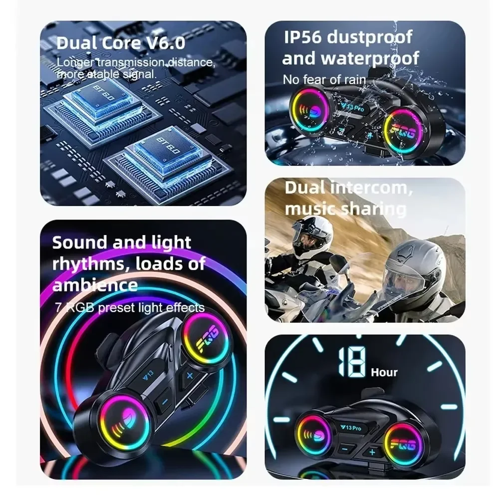 Y13 Pro Helmet Intercom Headset 500M Dual Bluetooth 6.0 RGB Lighting Effect Supports Connecting To Third-Party Walkie-Talkie