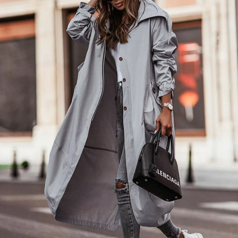 

Mandylandy Streetwear Overcoats Jackets Outwear Pocket Single-Breasted Trench Coat Women Hooded Autumn Long Coats Trench