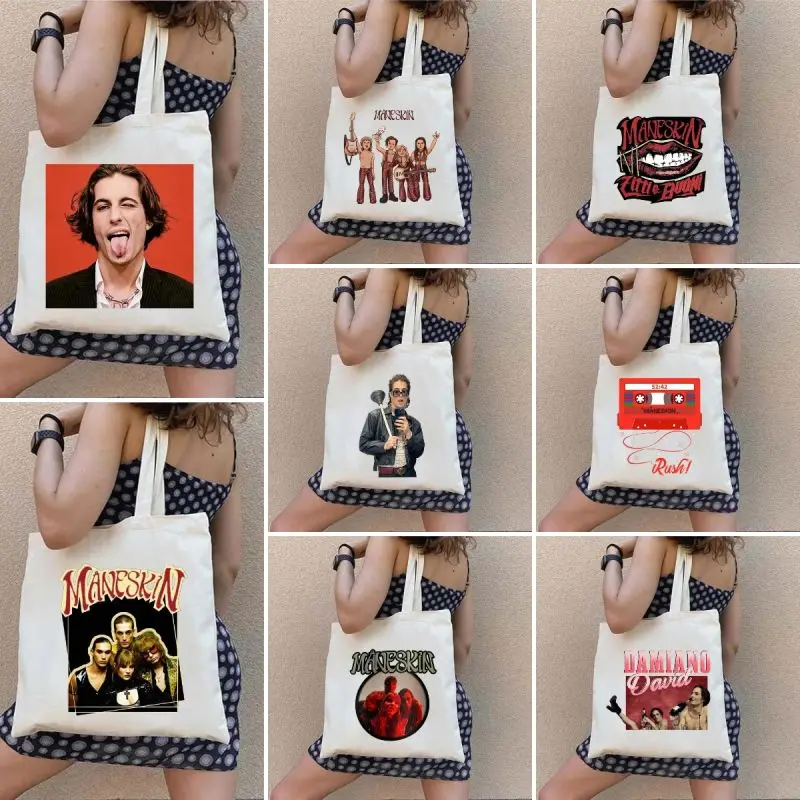 Maneskin Damiano David Mouth Shopping Bag Graphic Harajuku Women Shoulder Bags Large Capacity Canvas Handbags Soft Girl Handbag