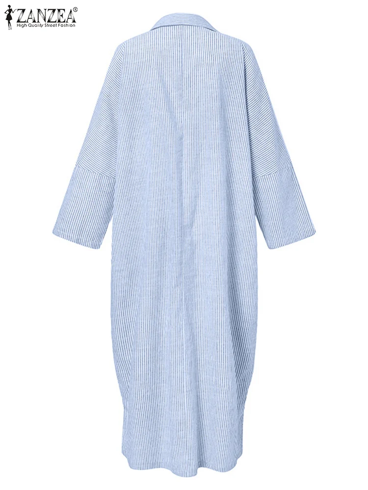 Moda Auutmn vestido camisero 2025 ZANZEA mujeres solapa cuello manga larga vestido veraniego a rayas Maxi bata Casual trabajo OL Vestidos de gran tamaño