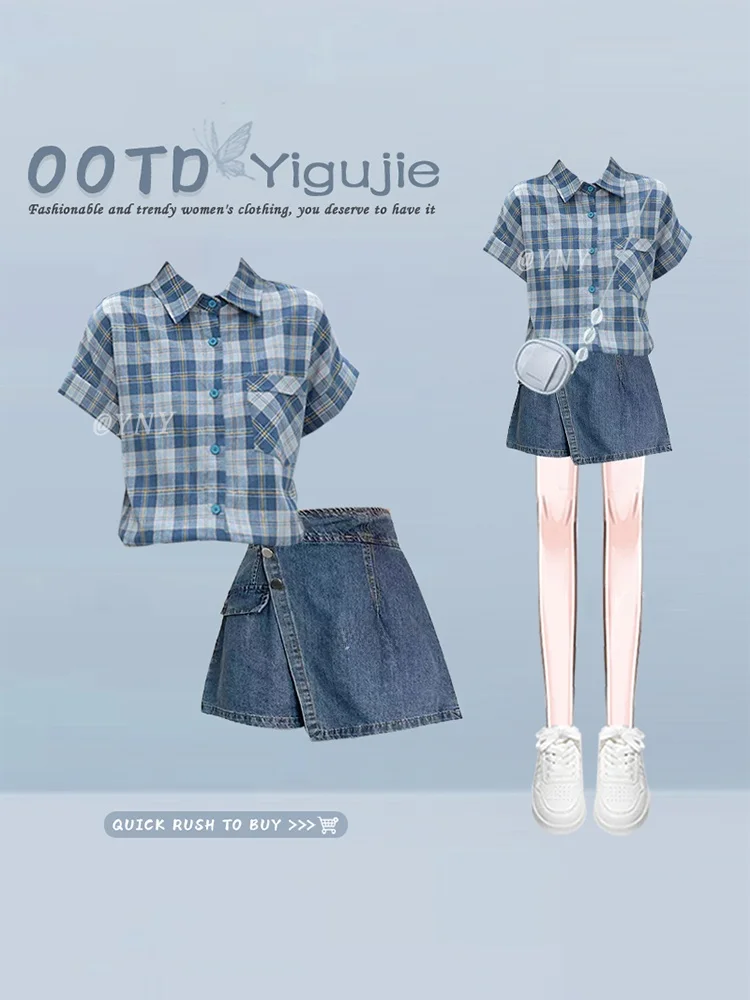 

Active Loose Fit Blue Plaid Shirt Jacket Summer Short Skirt Two-Piece Set Irregular Hemline Denim Skirt Casual Women's Outfit