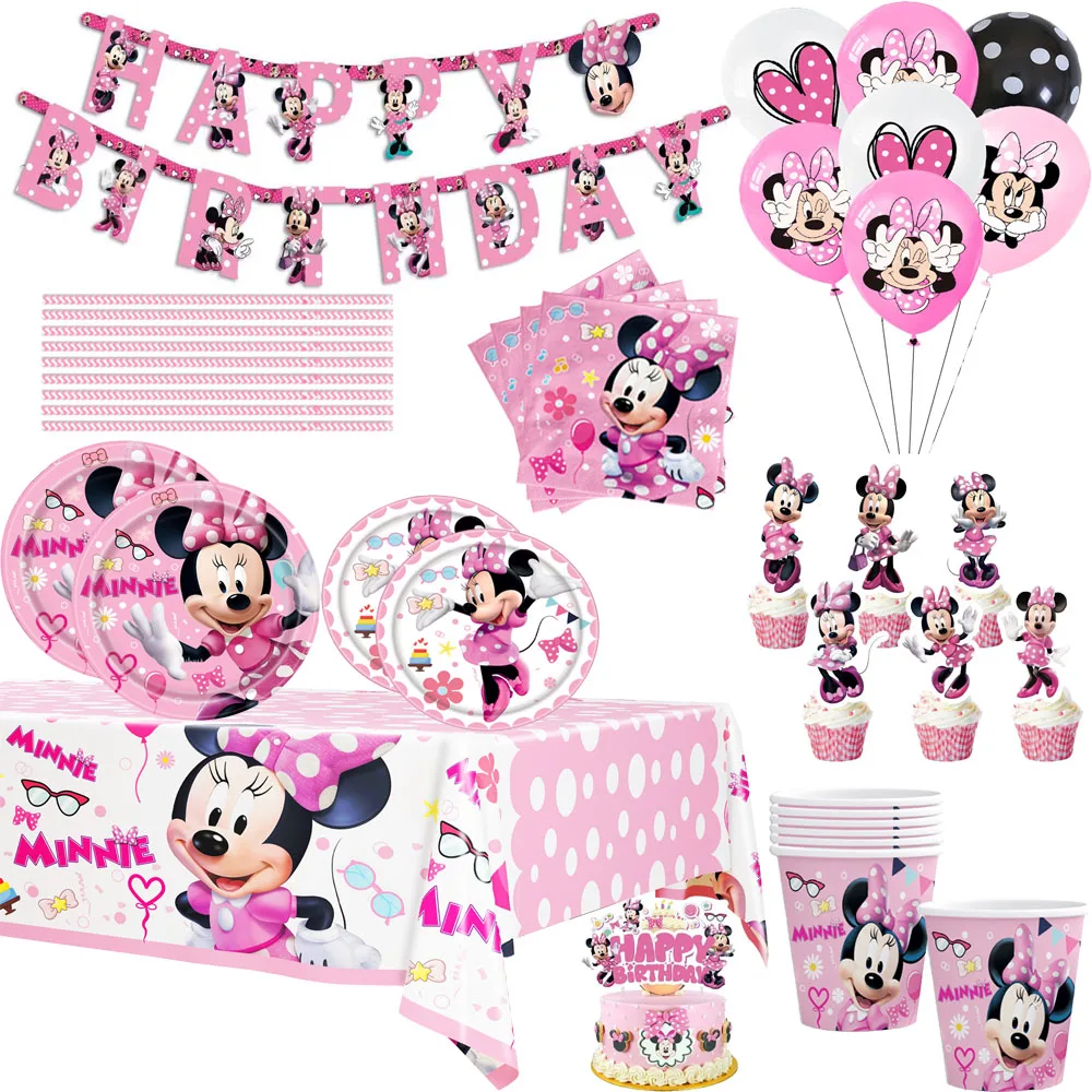 

Disney Minnie Mouse birthday party theme napkins cups tablecloths banner suitable for children's birthday party supplies