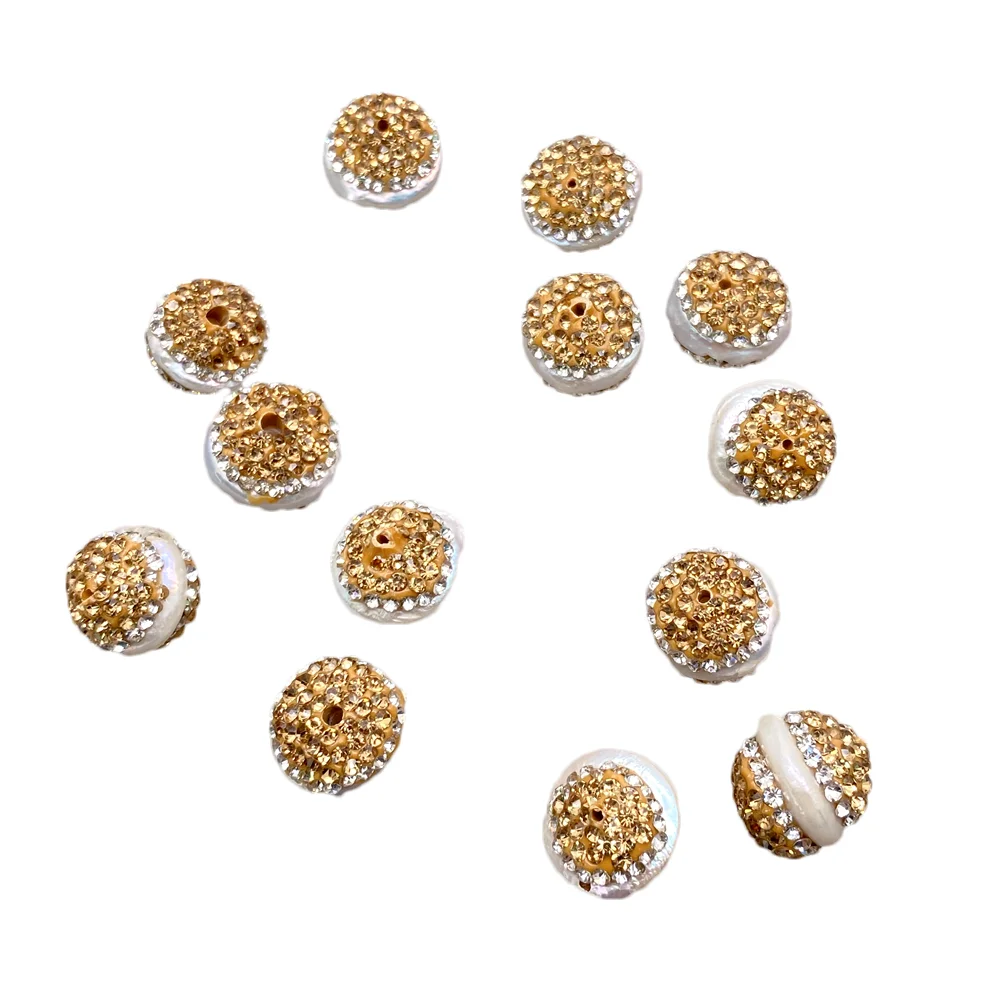 10 PCS Freshwater Cultured White Rondelle Pearl Trimmed With Rhinestone Beads Spacer Jewelry Finding Accessories
