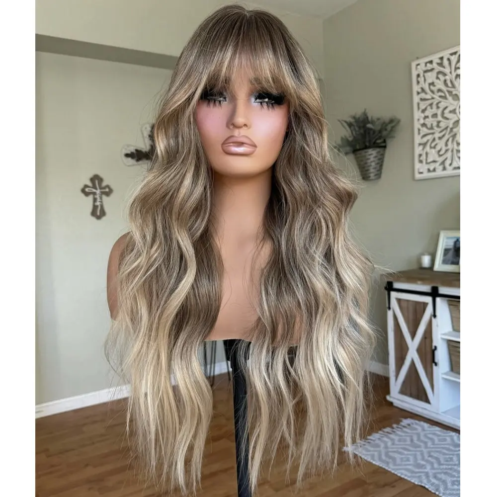 Damen-Remy-Echthaar-Perücke aus europäischem Haar mit transparenter Spitze, Ombre Hellbraun Aschblond mit Pony, 13x6 Lace-Frontal-Perücke – Detail 1