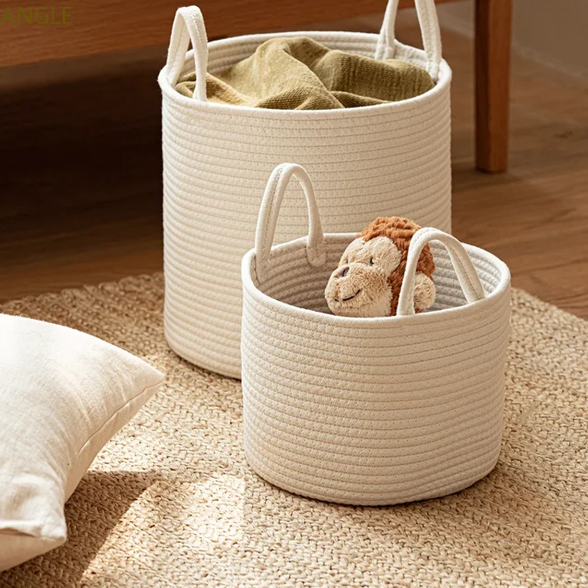 

Solid White Cotton Rope Woven Laundry & Baby Toy Storage Basket: Multi-functional Home Organizer