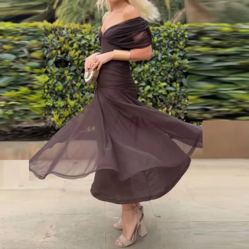 Lente Zomer Effen Mesh Geplooide Jurk Vrouw Elegante V-hals Holle Lange Jurk Korte Mouw Boheemse Vakantie Casual Feestjurken