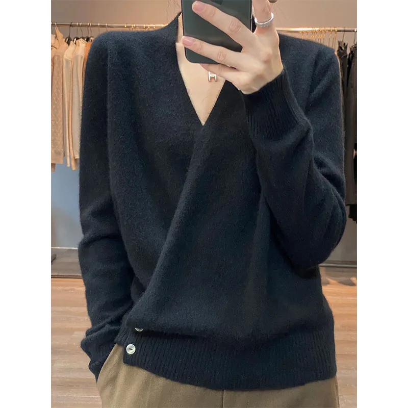 2023 Autumn And Winter New Wool Sweater Women 100% Wool Loose Soft V-neck Knitted Cardigan Design Sense Niche And Collar Sweate