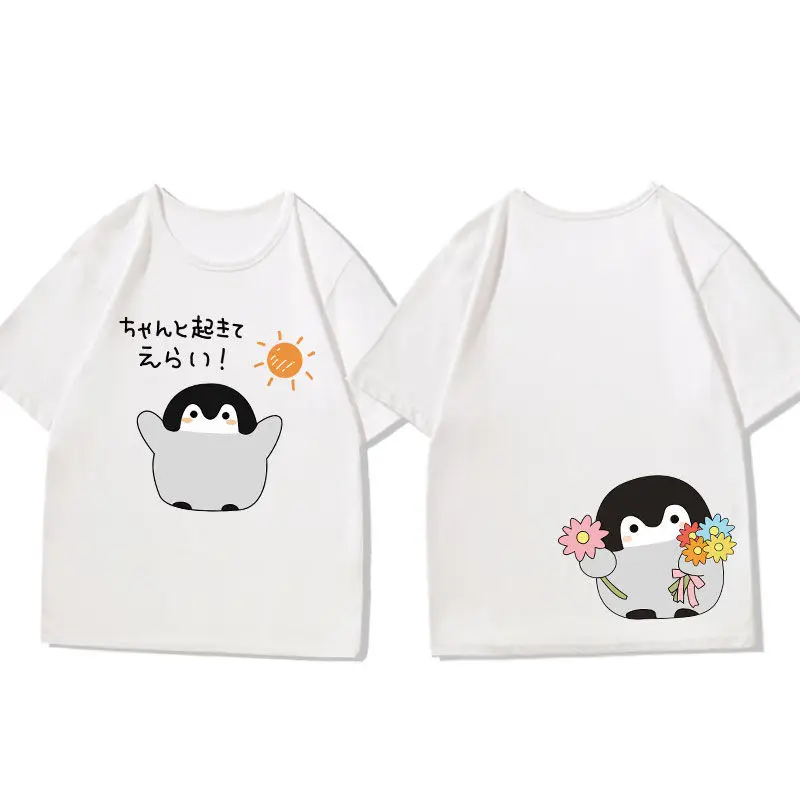 كارتون رمادي البطريق الرموز التعبيرية طباعة التي شيرت اليابانية الشارع الشهير Y2K فضفاضة تناسب للجنسين الكبار الاطفال قصيرة الأكمام أعلى #3