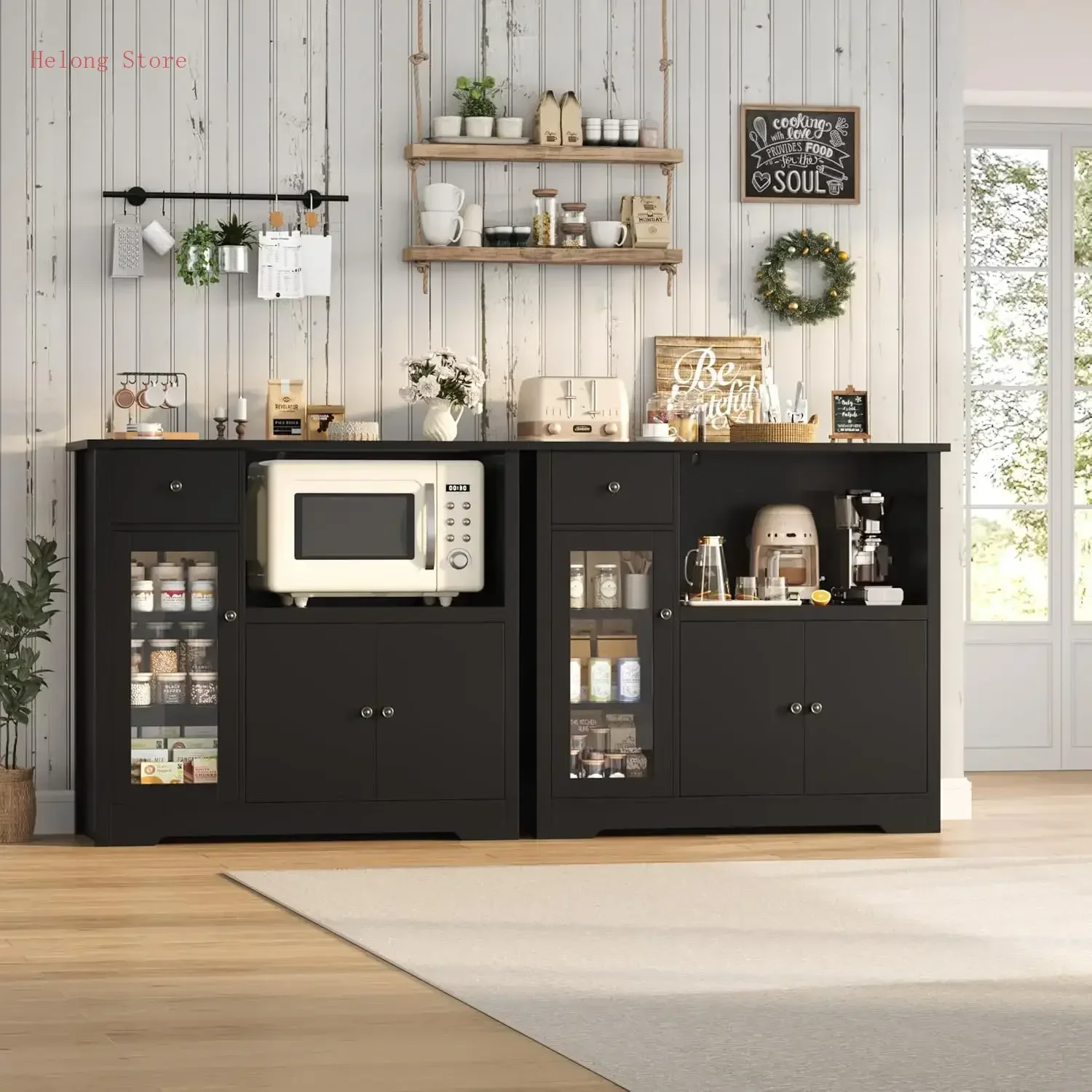 [XMSJ]Microwave Cabinet, Kitchen Storage Cabinet with 3 Doors and 1 Drawer, Buffet Sideboard with Adjustable Shelves, Microwave