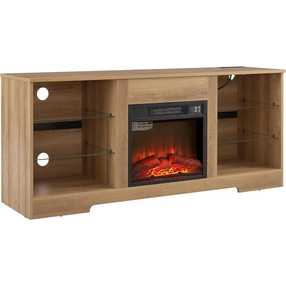 65インチテレビエンターテイメントセンター、電気暖炉、調節可能なLEDライト、収納棚付き