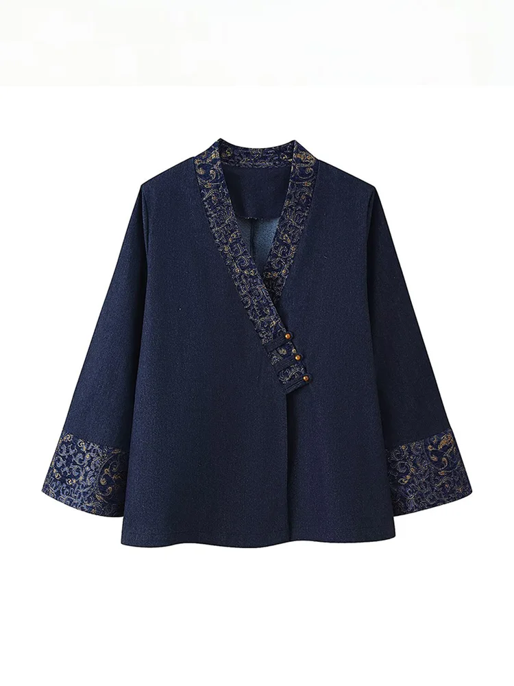 

Женское винтажное пальто, жаккардовая верхняя одежда, свободные топы с вышитыми лацканами и косыми пуговицами, модная уличная женская демисезонная одежда