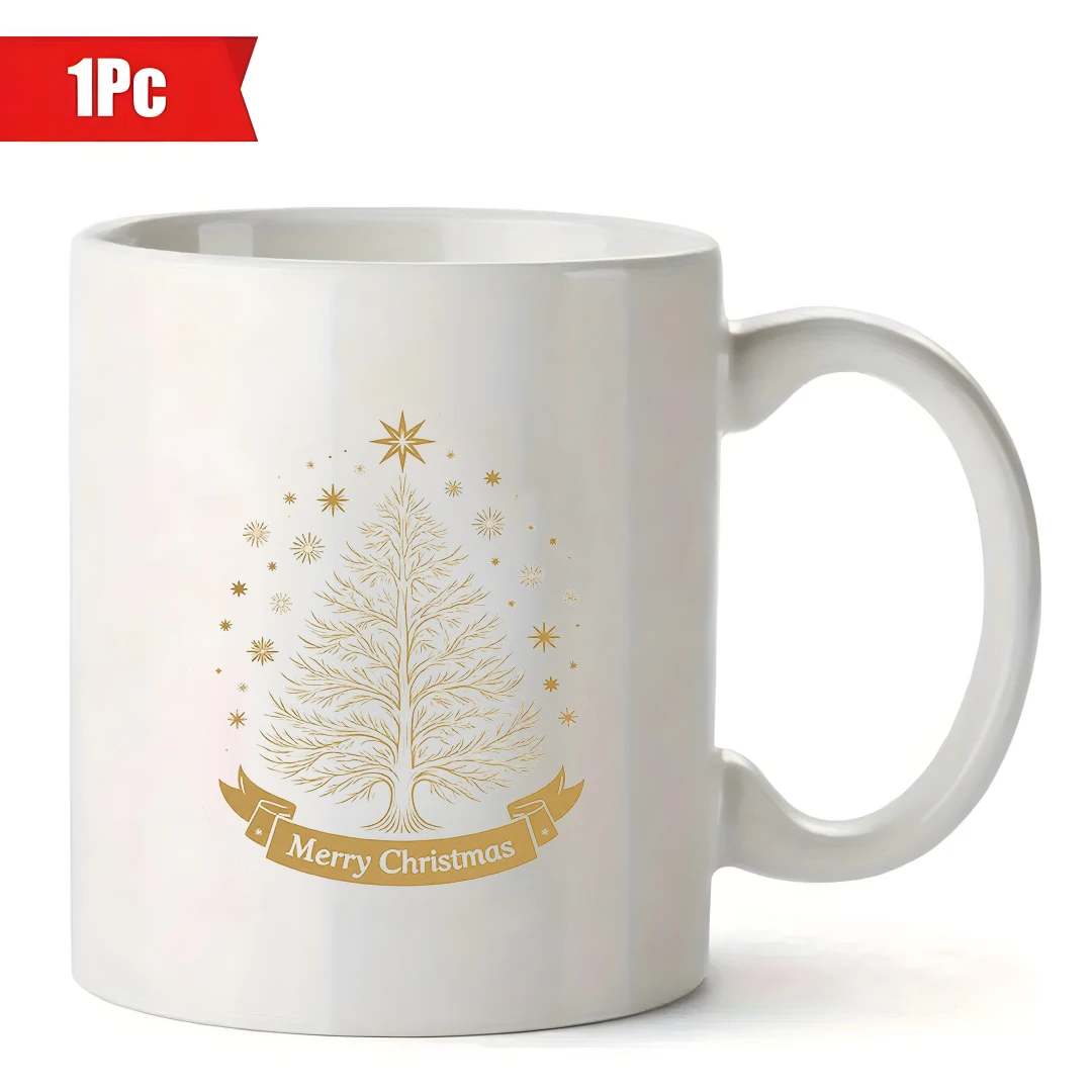 Taza de 11 oz + pegatina dorada de árbol de Navidad + Feliz Navidad + taza para niños, taza de café para oficina familiar, regalo de Navidad