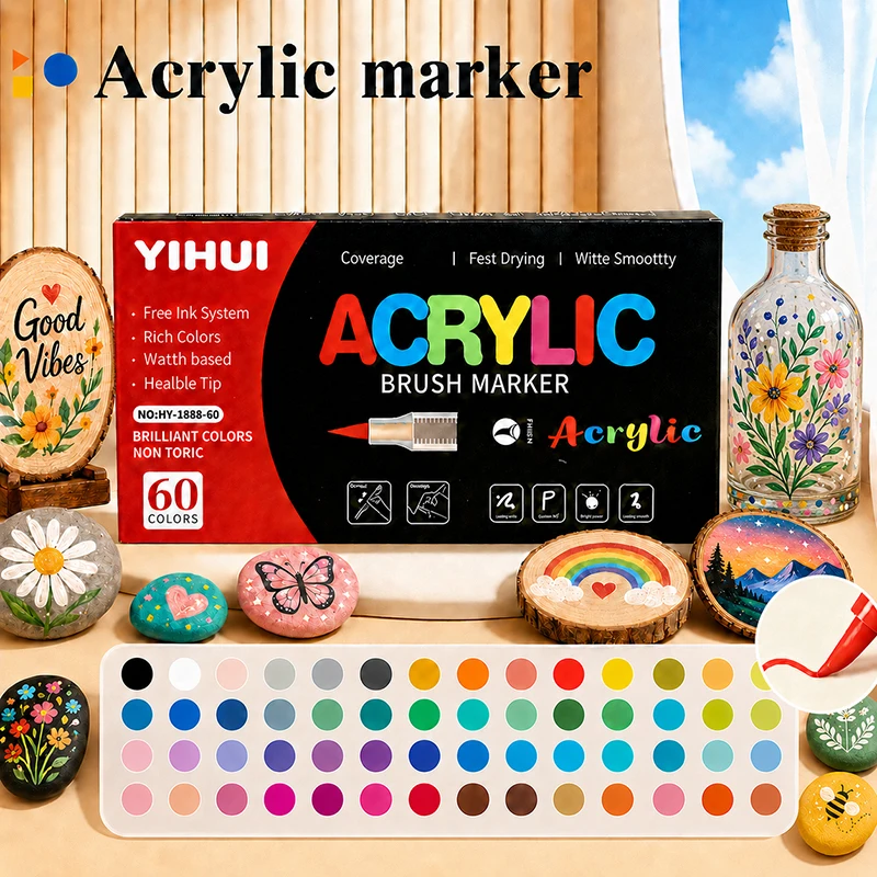

12-60 Colors Acrylic Paint Markers, Quick Dry Brush Tip Paint Pens for Rock Wood Glass Ceramic DIY