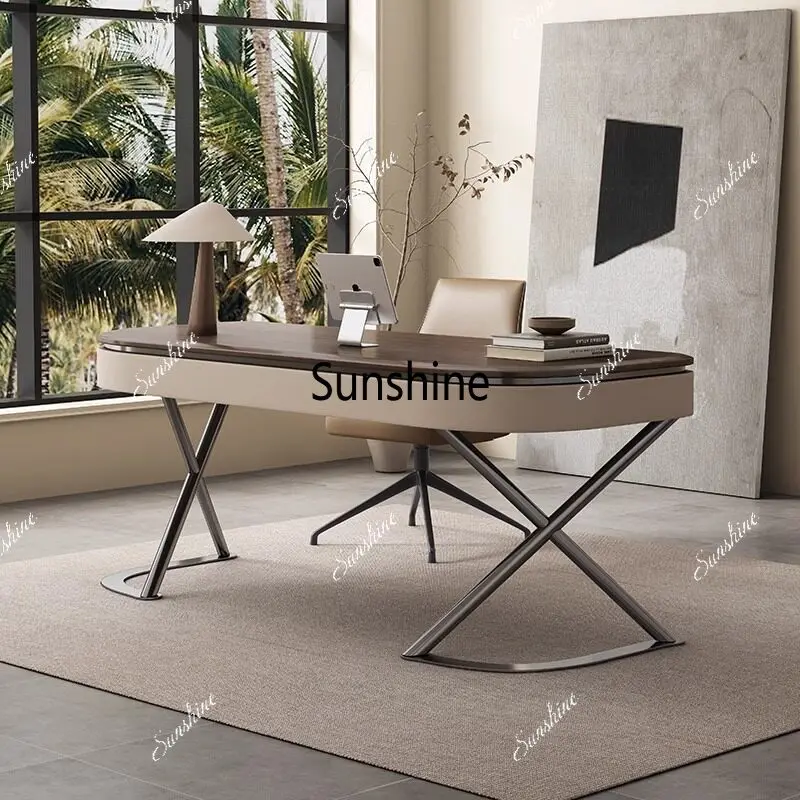 

Solid wood desk modern minimalist living room home veneer saddle leather computer