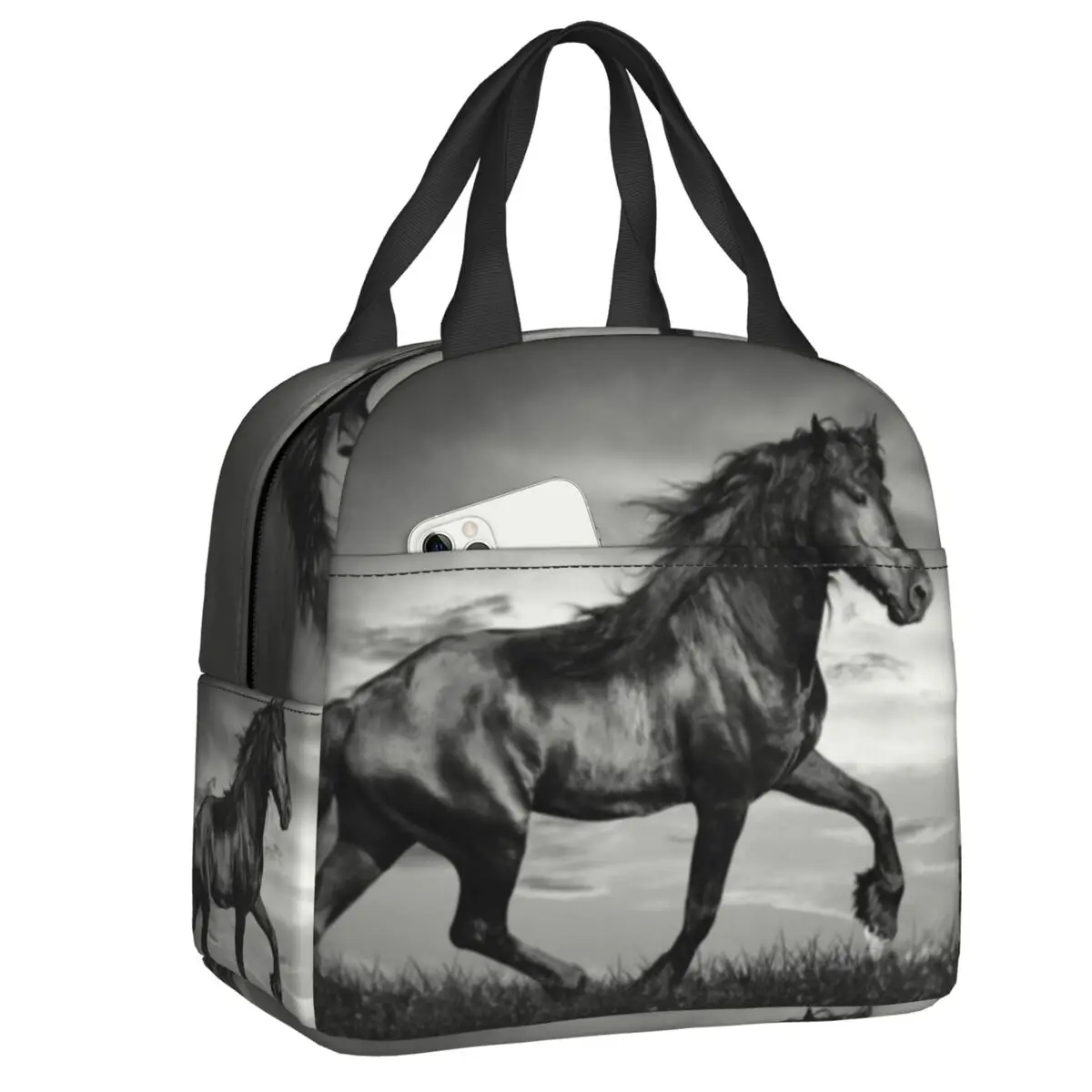 Black Friesian Stallion Prancing Insulated Lunch Bag Resuable Warm Cooler Thermal Horse Lunch Tote Box for Women Kids School