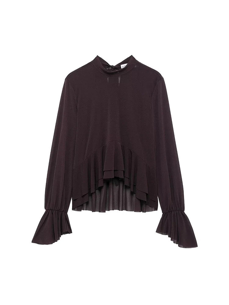 

KUCLUT Women Fashion Brown Back Bow Lace Up Ruffled Pleated Pullover Blouse Vintage O-Neck Female Chic Lady Shirts