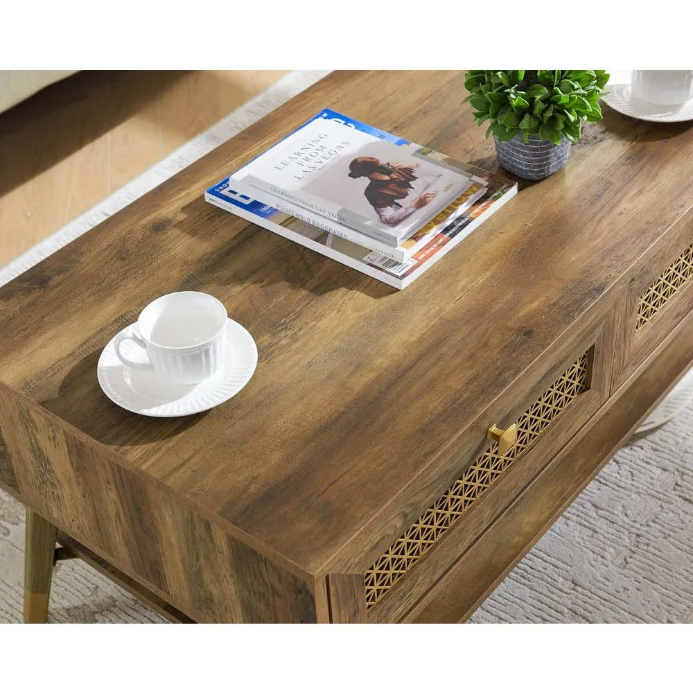 Mid Century Modern Coffee Table with Storage Drawers & Open Shelf, Solid Wooden Boho Rectangle Table with Metal Legs Designed fo