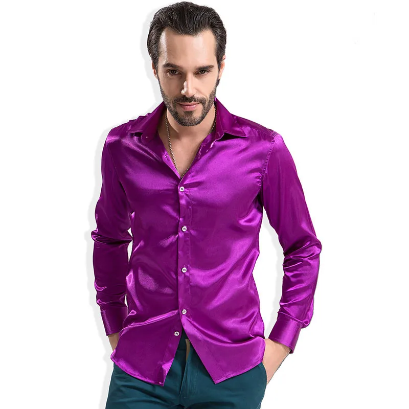 Luxury Brand Men\'s Party Fashion Trend Tuxedo Shirts Bright Colors Silk Smooth Long Sleeves Solid Color Buttons Shirt for Men