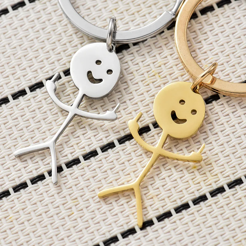 Middle Finger Stickman Keychain, Cute Titanium Steel, School Bag, Car Key Pendant, Couple Trinket Gift, Keyrings, New, 2Pcs