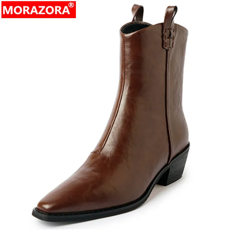 

MORAZORA 2024 New Zipper Western Boots For Women Square Med Heels Winter Boots Vintage Genuine Leather Ankle Boots