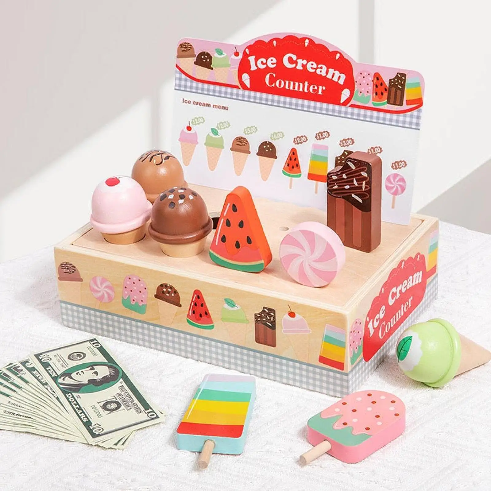 

Wooden Ice Cream Counter Playset Pretend Toys Kids Play Store Kitchen Playset for Ages 3 4 5 6 Children Girls Boys Holiday Party