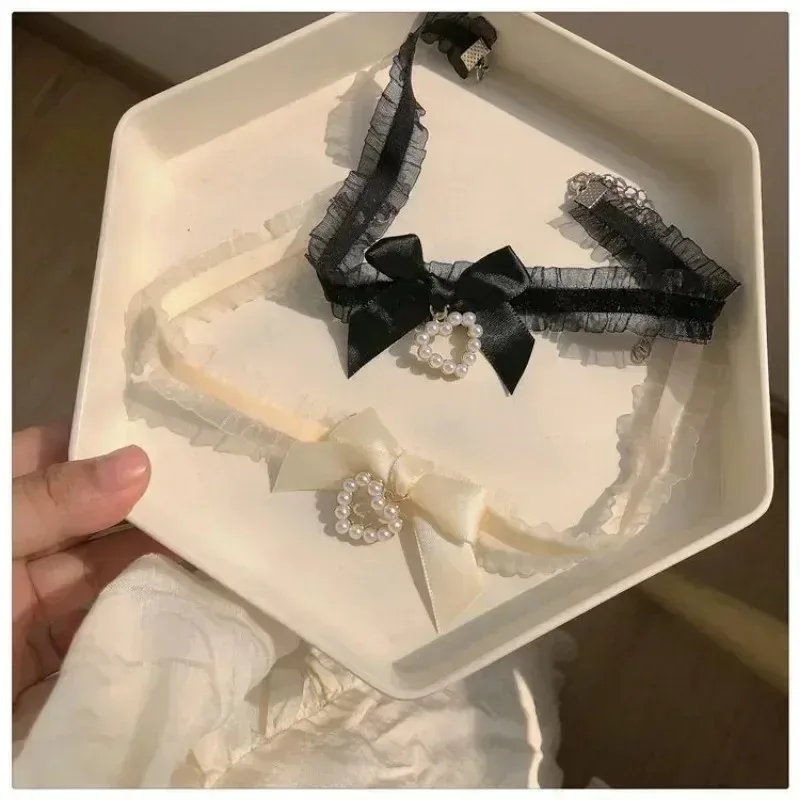 Preto branco colar de renda vintage fita arco gótico coração pingente colar para mulheres meninas doce lolita jóias 2025 nova gargantilha