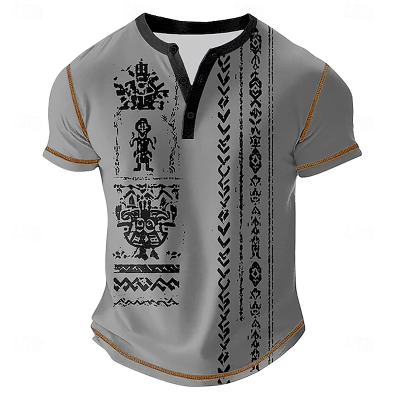 Men's Summer 3D-Printed T-Shirt Waffle-Weave Ethnic-Print T-Shirt Cool And Breathable Short-Sleeve Retro Casual Loose-Fit Top
