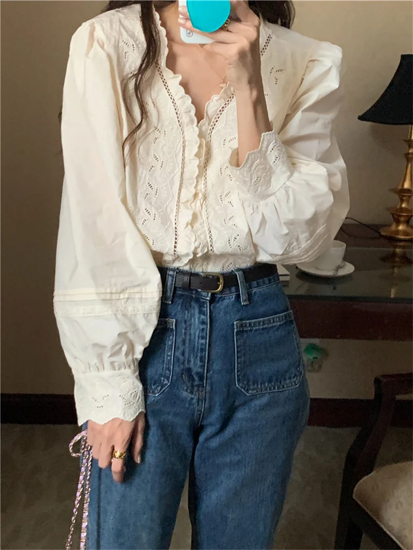 Alien Kitty Vintage V-Neck Hollow Out Shirts 2022 Women Elegant Full Sleeve Chic Office Lady Slim New Gentle All Match Blouses