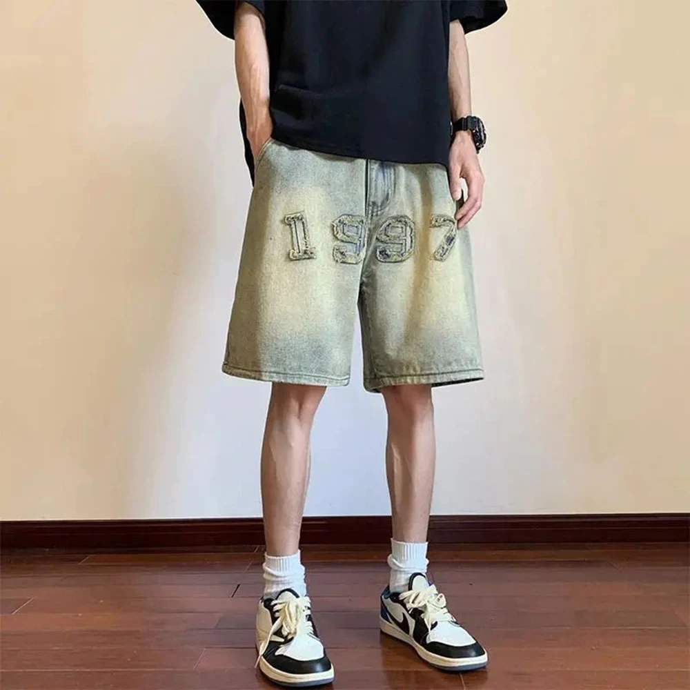 Men's Washed Denim Shorts Summer Loose Wide-Leg Embroidered Straight Fit High Street Hip-Hop Style American Five-Point Pants