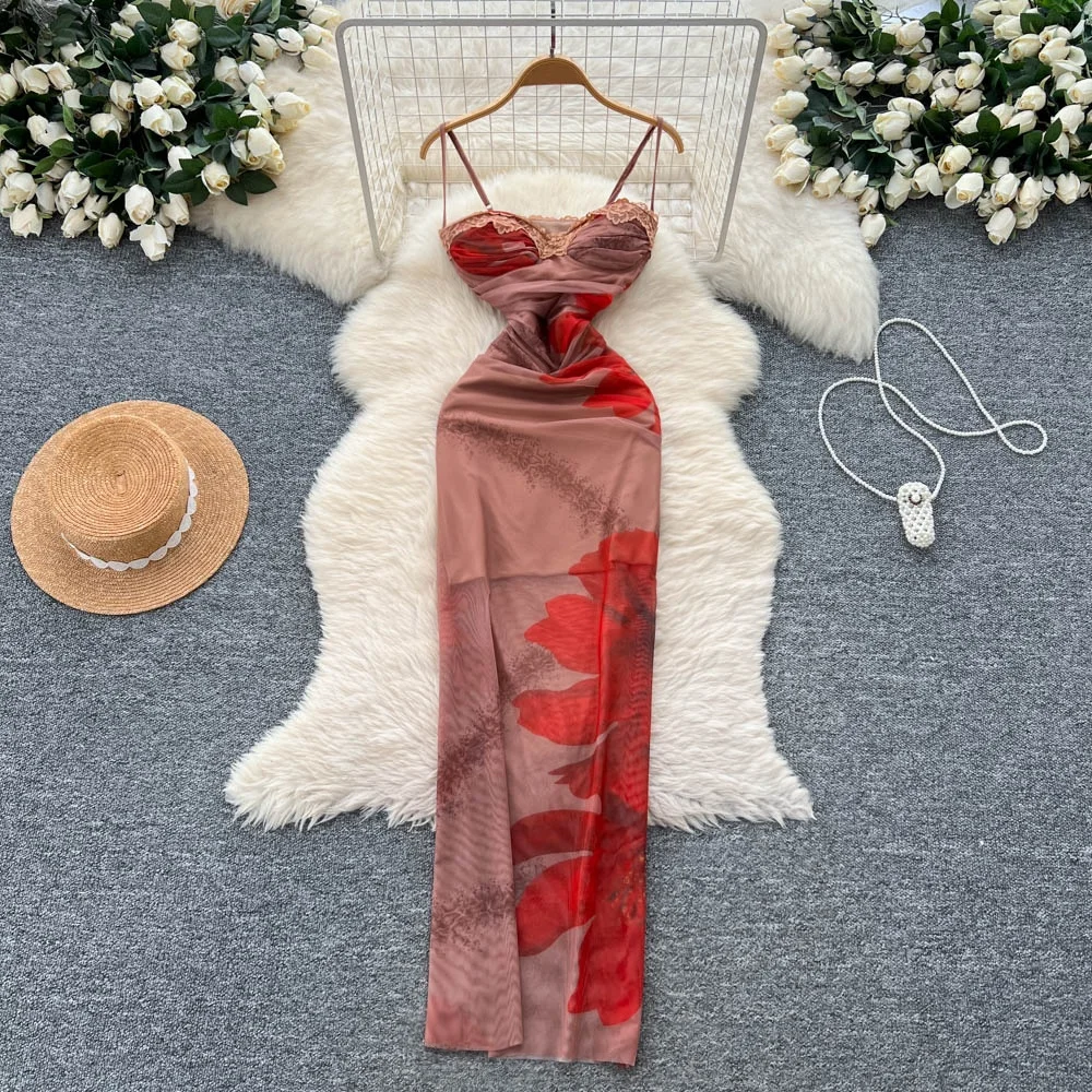 Clothland Women Sexy Print Mesh Cami Dress Adjustable Straps Sleeveless Backless Sheath Slim Fit One Piece Long Dresses QE126