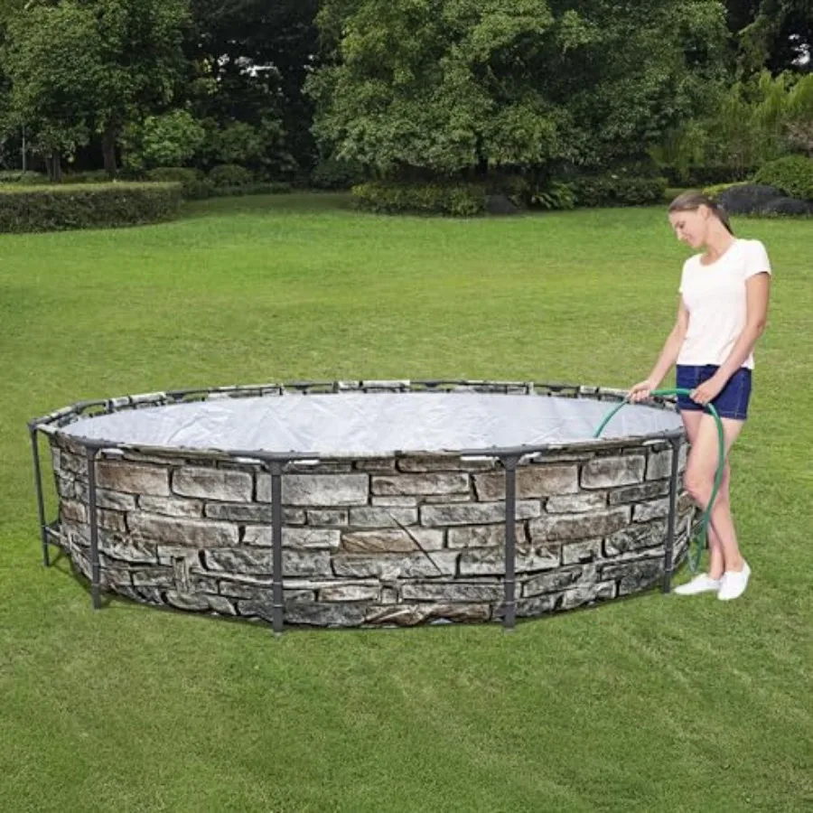 Outdoor Steel Frame Swimming Pool Set For Family Use, Steel Material, Stone Print Color, Includes Filter Pump And Filter