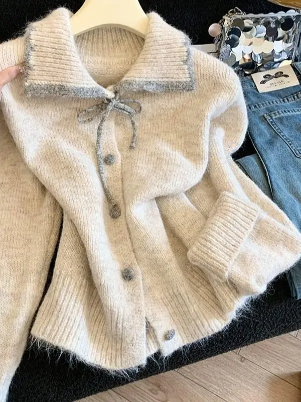 

Элегантный вязаный свитер женский большого размера в корейском стиле, мягкий, повседневный, универсальный, свободного кроя, с длинными рукавами, на пуговицах