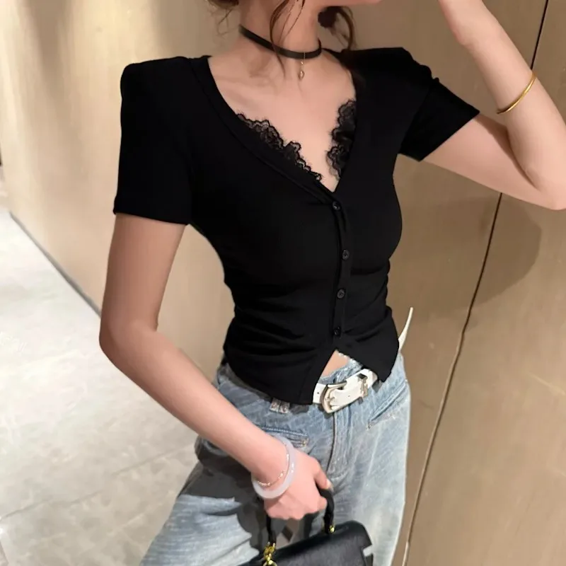 Women's Ribbed Button Front Crop Top With Lace Trim V Neck Short Sleeve Ruched T Shirt