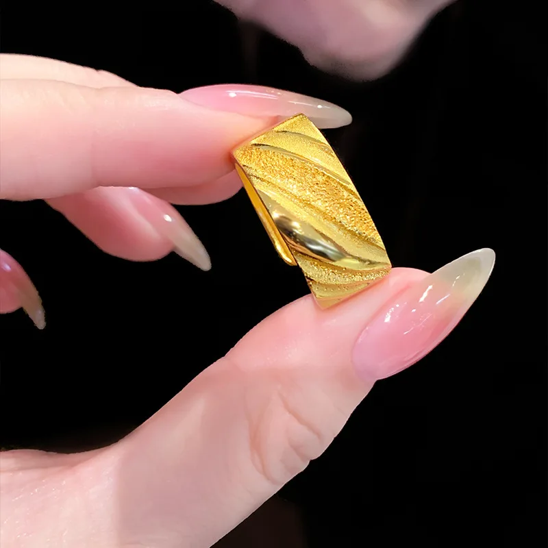 9999 Gold Wavy Textured Ring with Open Back, Wide Band Finger Ring with Classic Handcrafted Elegance