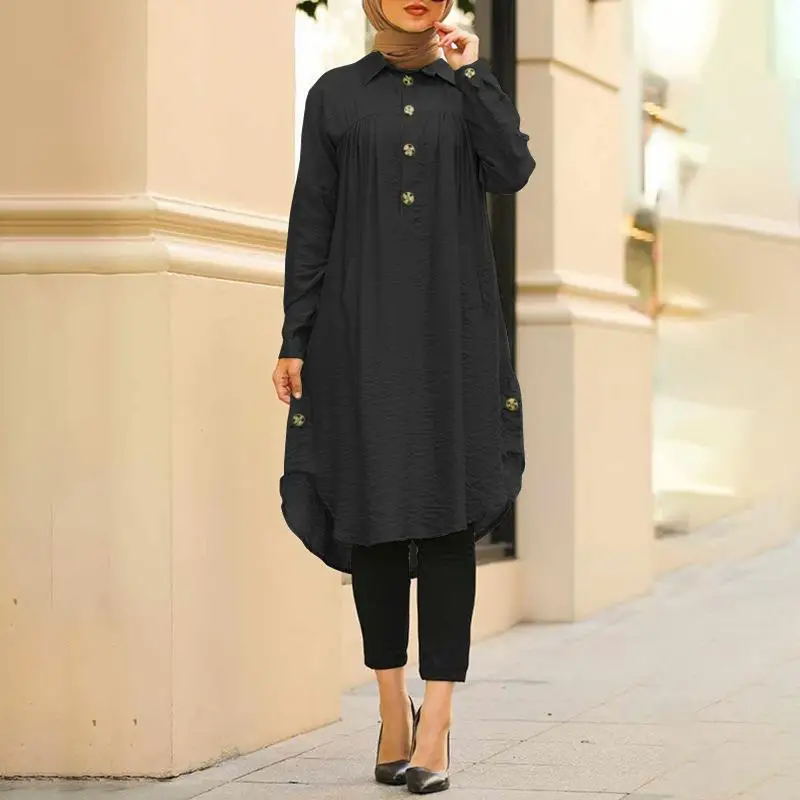 New Summer Muslim Solid Blouse For Women Simple Cotton Linen Long Shirt Saudi Arabia Islam Femme Tops Lady A-line Shirt Dresses