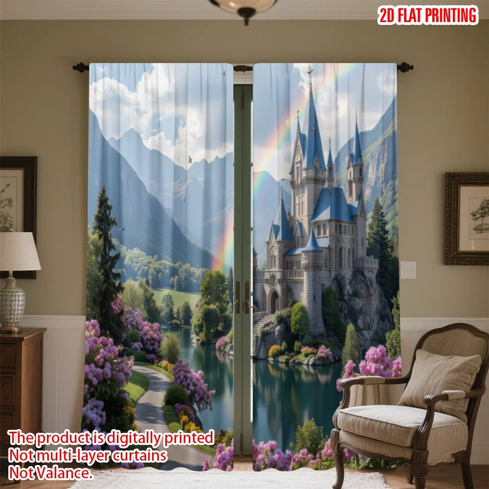 

2D flat printing 2pcs Drapes Rainbow Over Fairy Castle Digital Printed Polyester Drapes Festive Wall Decor for Photo Booths &