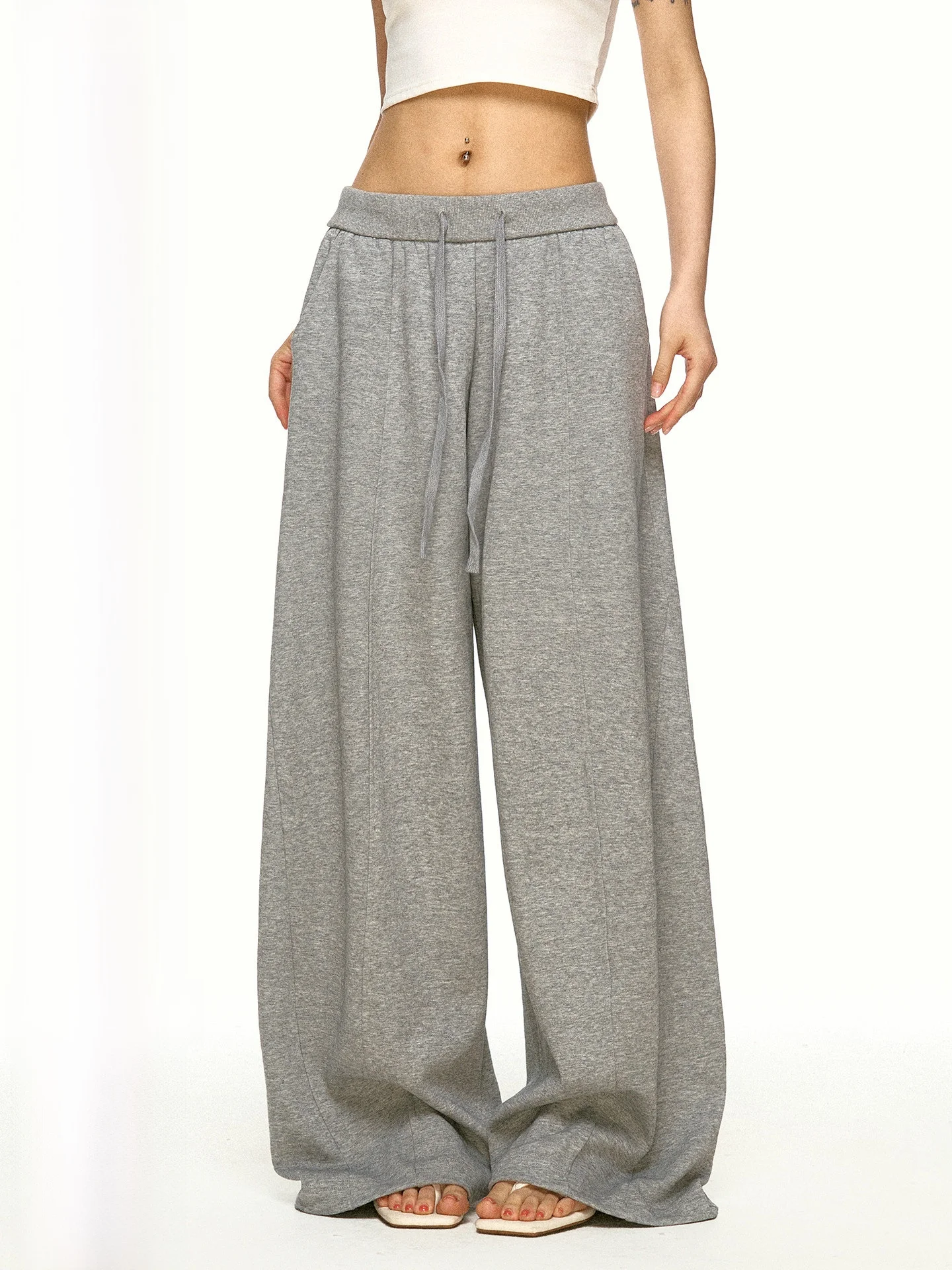 Aaisup Grey Drawstring Casual Wide Leg Pants Women Spring Autumn Loose Lazy Loose Slimming Versatile Loose Waist Pants