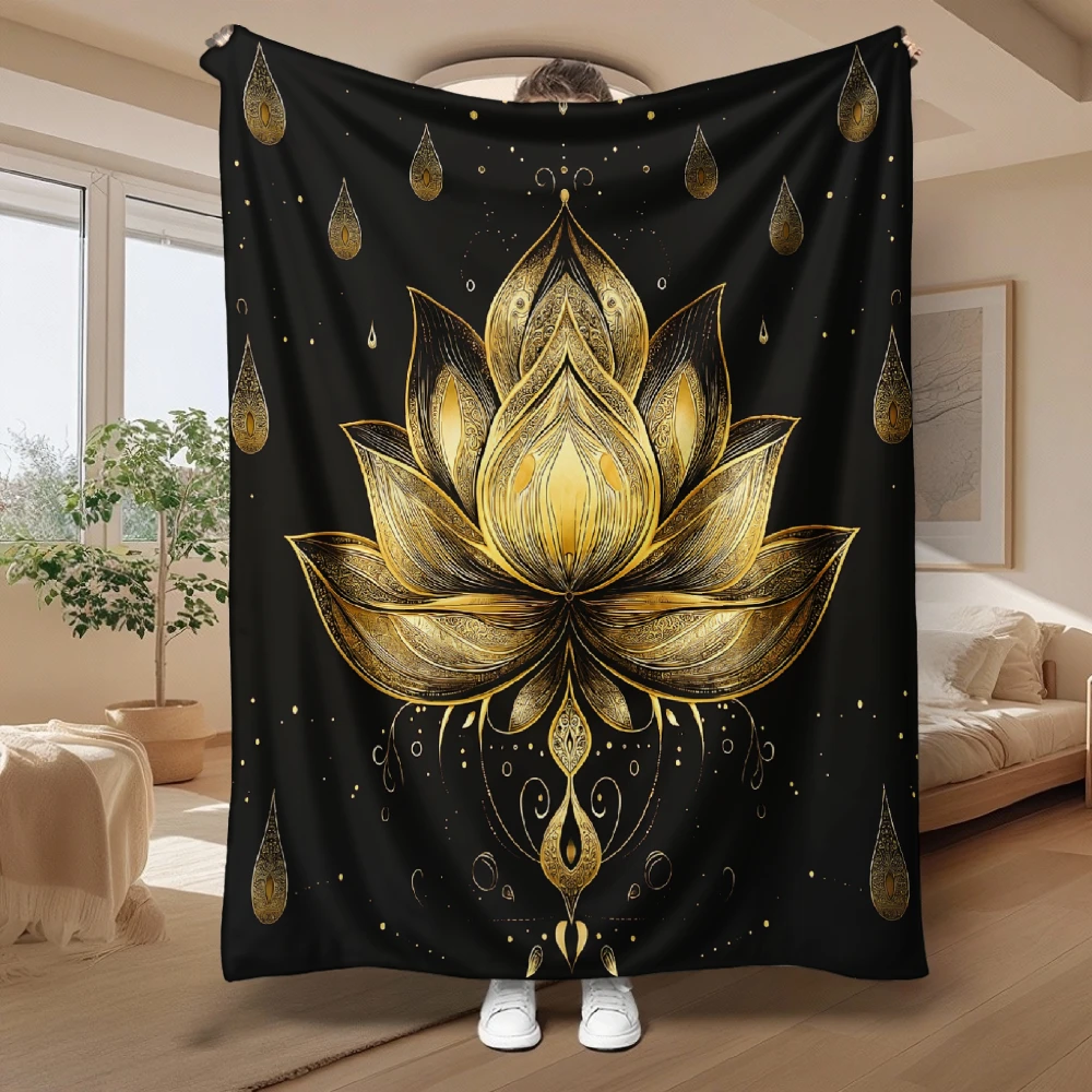 Golden for Lotus Mandala, Spiritual Gift, Soft Blanket, Black And Golden Floral Design, Multi-Purpose Home Decor, Cozy Comfort