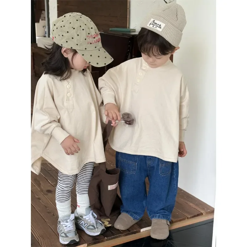 

Children Clothing T Shirt 2023 Autumn New Fashionable Japanese Style Loose Boys and Girls Solid Color Long Sleeve T Shirt