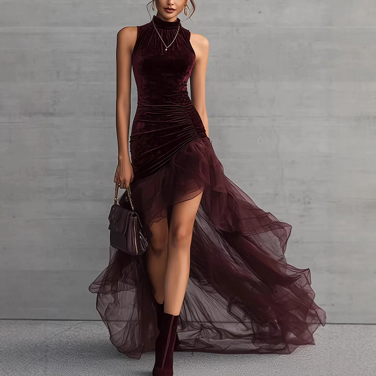 

Women's Sleeveless Party Cocktail Velvet Long Dress Turtleneck Evening Gown Pleated Slim Fit Irregular Hem Tulle Tail Dress