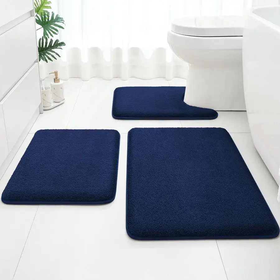 

Upgraded Bathroom Rugs Set 3 Piece, Extra Thick Absorbent Soft Memory Foam, Washable Toilet Bath Mat Navy Blue,17x2420x32U Shape