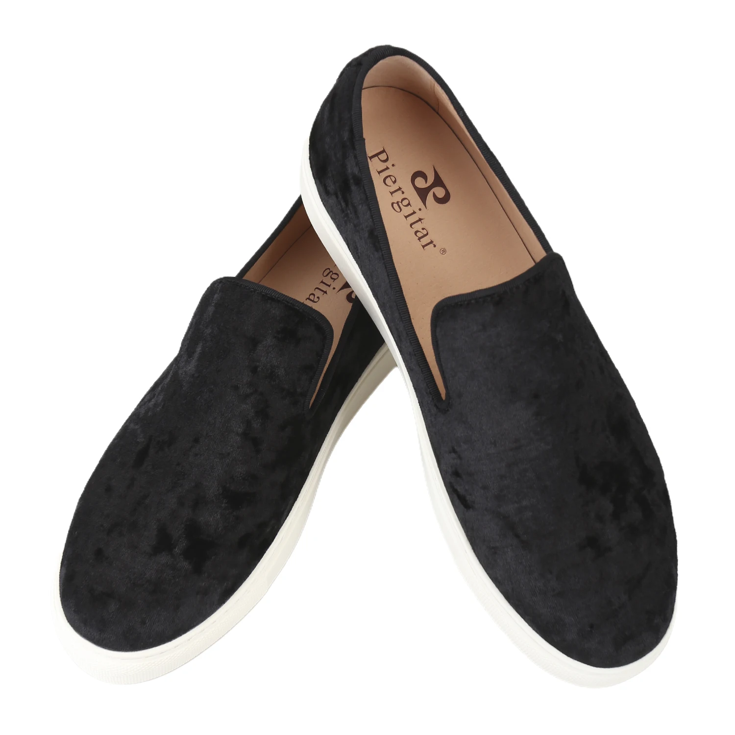 Piergitar Off White And Black Color Diamond-Patterned Velvet Men's Sneakers Slip-on Model Low-Top Shoes Height-Increasing Sole