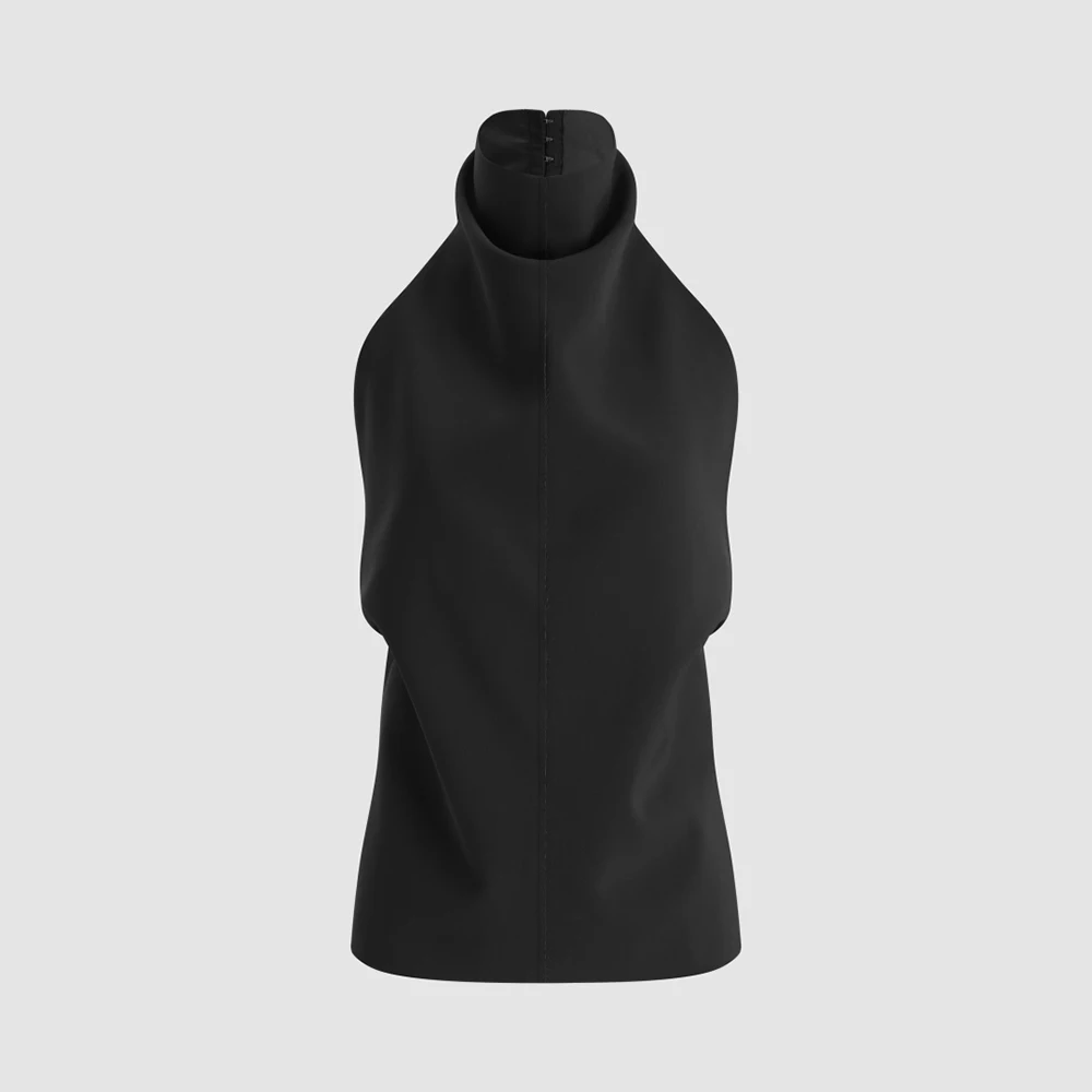 Women Sleeveless High Neck Halter Top Adjustable Belt Ruched Waist Blouse Elegant Office Business Shirt Formal Slim Tank Vest