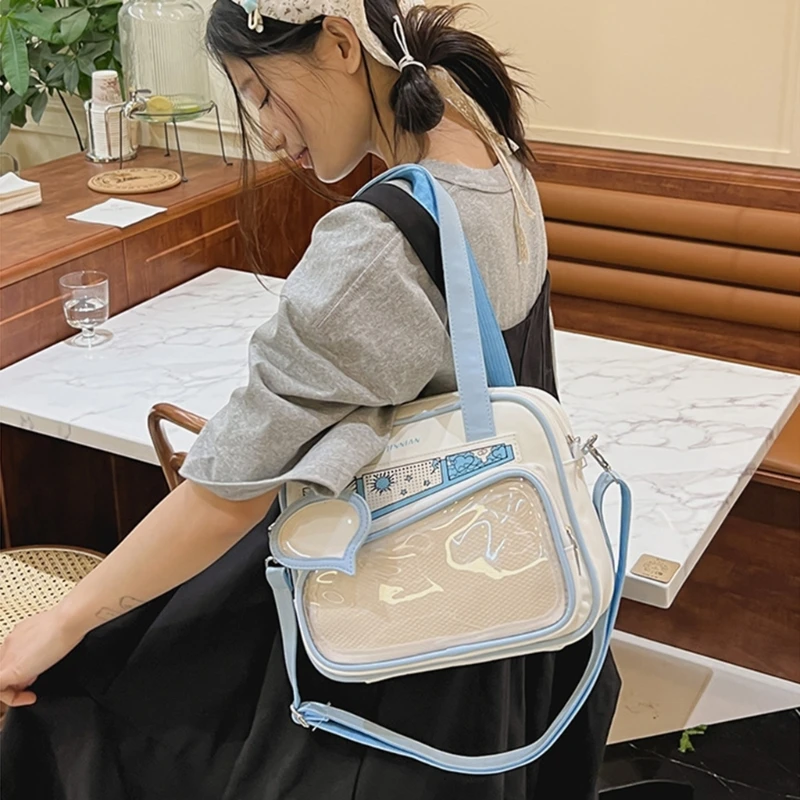 School Girl Transparent Bag Clear Crossbody Bag PU Leather Itabag Anime Pin Display Colorblock Handbag Book Bag